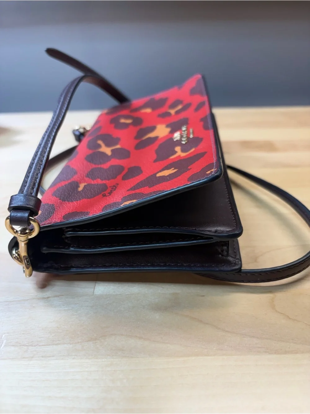 Coach Red Leopard Print Leather Crossbody Bag with Gold Logo